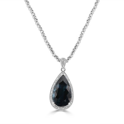 Pear-Shaped Blue Topaz Necklace with Diamond Halo in White Gold