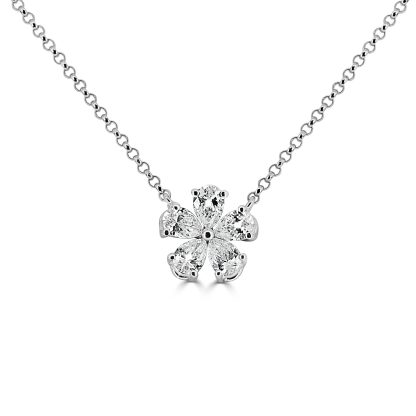 Diamond flower pendant necklace with natural diamonds in 18kt white gold, available in rose and yellow gold.