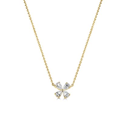 Diamond clover pendant necklace in 18kt yellow gold, symbolising luck and elegance, with pear-shaped diamonds.