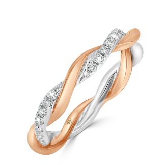 Twisted Diamond Wedding Ring in 18kt Rose and White GoldTwisted diamond wedding ring in 18kt rose and white gold with intertwined bands and diamond accents.