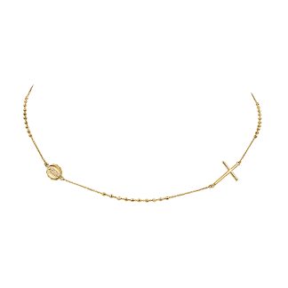 Minimalist Gold Rosary Necklace in 18kt Gold Elegant and TimelessMinimalist gold rosary necklace in 18kt yellow gold with cross pendant, beaded chain, and medallion.