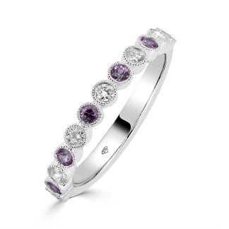 Diamond Wedding Rings and Pink SapphireDiamond and pink sapphire wedding ring in 18ct white gold with vintage-inspired bezel settings.