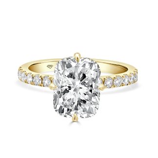 Engagement Ring Cushion Cut Lab DiamondCushion cut lab diamond engagement ring with 3.08 Ct centre stone and diamond-accented 18kt yellow gold band.