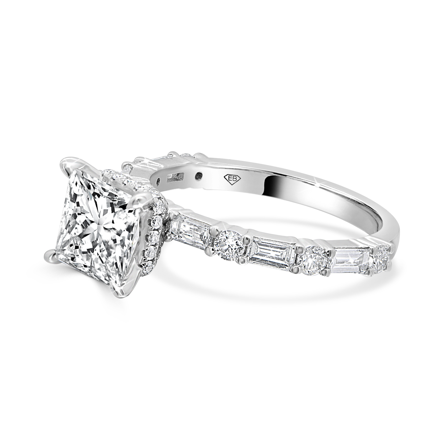 Princess cut engagement ring with 1.61ct lab diamond and accent stones in 18ct white gold.