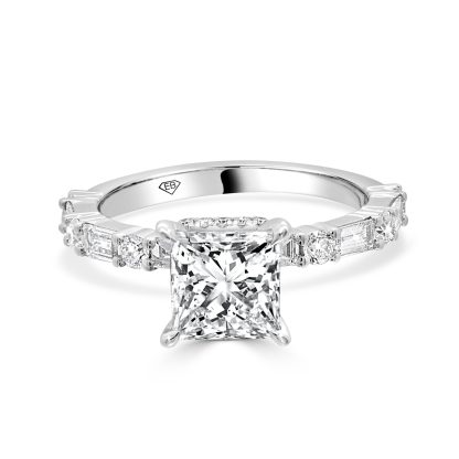 Princess cut engagement ring with 1.61ct lab diamond and accent stones in 18ct white gold.