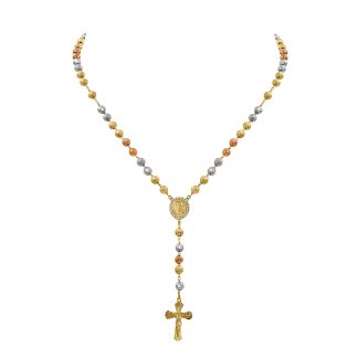 Tri-Colour Rosary Necklace9ct tri-colour gold rosary necklace featuring yellow, white, and rose gold beads, medallion, and cross pendant.