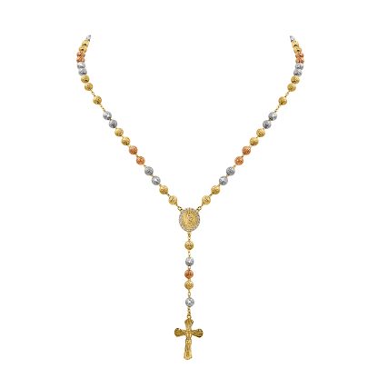 9ct tri-colour gold rosary necklace featuring yellow, white, and rose gold beads, medallion, and cross pendant.