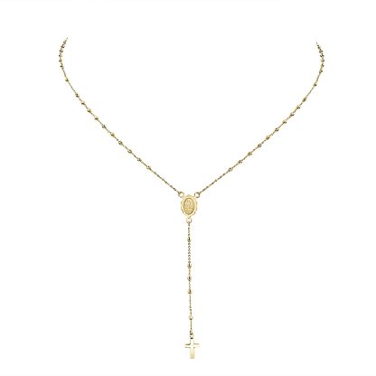 9ct yellow gold rosary necklace featuring bead accents, a sacred medallion, and a polished cross pendant.